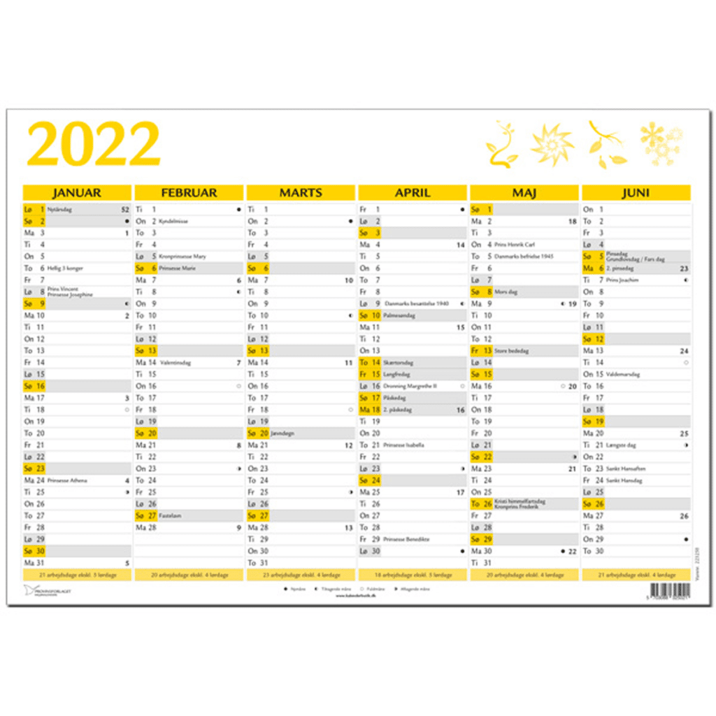 A3 vægkalender 2022, gul | Kalenderbutik