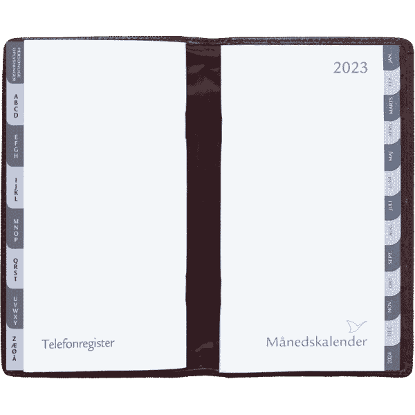 Månedskalender 2-fløjet i brunt skind med grå/grå faner - 232009