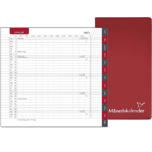 Månedskalender 2023 med kalender rød fane, telefontavle og notesblok, rød - 232106 0