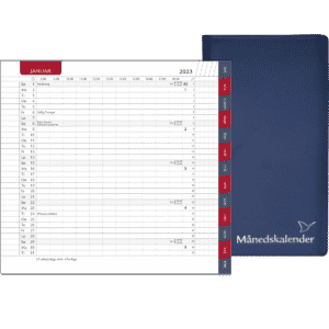 Månedskalender 2023 med kalender rød fane, telefontavle og notesblok, blå - 232106 3