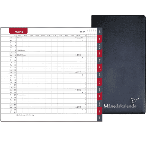 Månedskalender 2023 med kalender rød fane, telefontavle og notesblok, sort - 232106 4