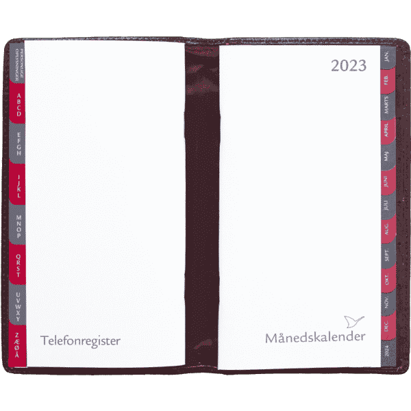 Månedskalender 2-fløjet i brunt skind med rød/grå faner - 232109