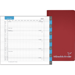 Månedskalender 2023 med kalender blå fane, telefontavle og notesblok, rød - 232206 0