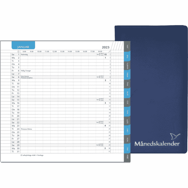 Månedskalender 2023 med kalender blå fane, telefontavle og notesblok, blå - 232206 3