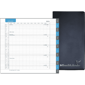Månedskalender 2023 med kalender blå fane, telefontavle og notesblok, sort - 232206 4