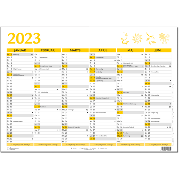 A4 vægkalender 2023, gul - 233100