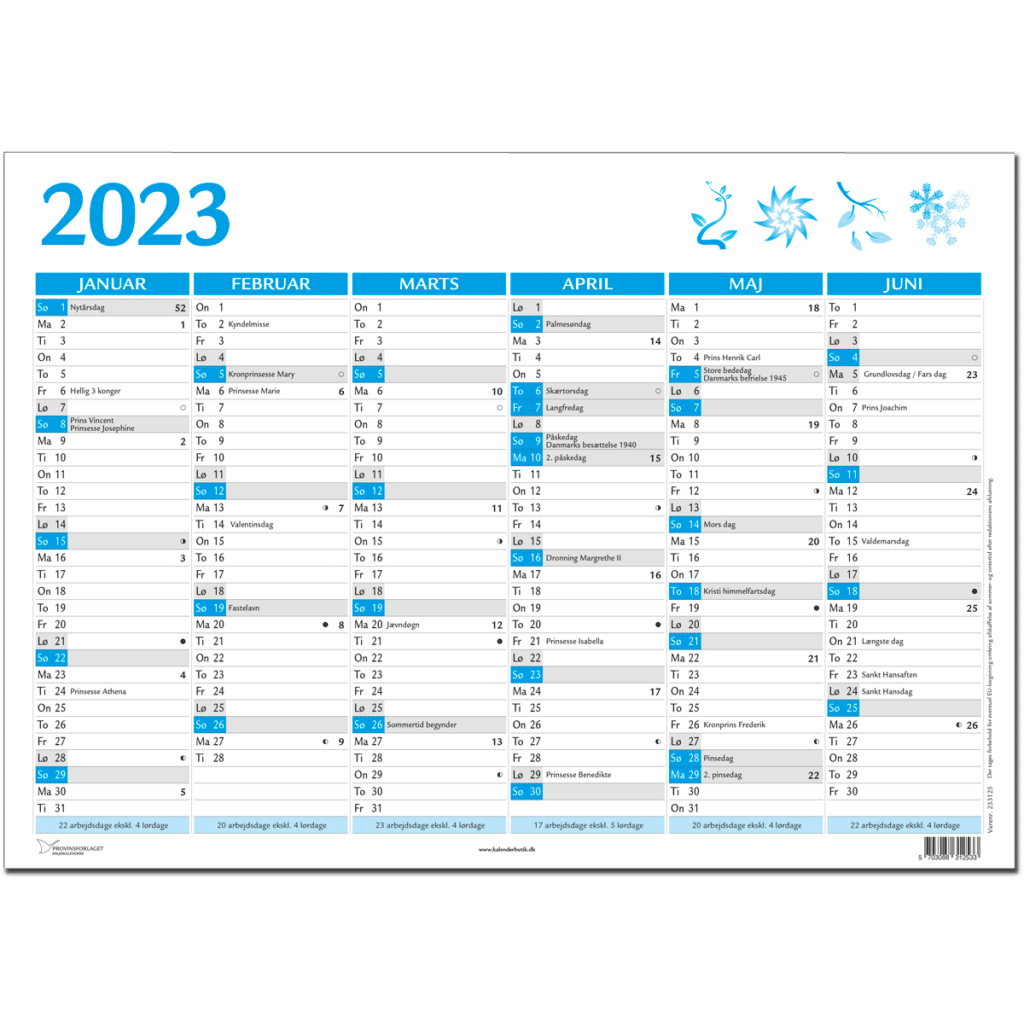 A4 Vægkalender 2023 Blå Kalenderbutik