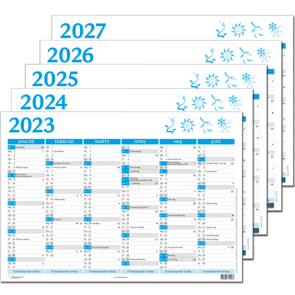 5-årssæt A4 vægkalender 2023-2027, blå - 233150