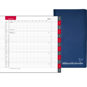 Månedskalender 2024 med kalender rød fane, telefontavle og notesblok, blå - 242106 3