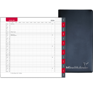 Månedskalender 2024 med kalender rød fane, telefontavle og notesblok, sort - 242106 4
