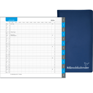 Månedskalender 2024 med kalender blå fane, telefontavle og notesblok, blå - 242206 3