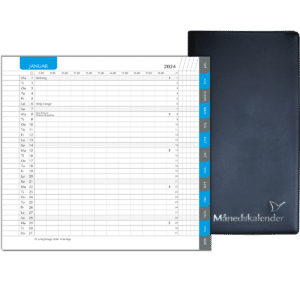 Månedskalender 2024 med kalender blå fane, telefontavle og notesblok, sort - 242206 4