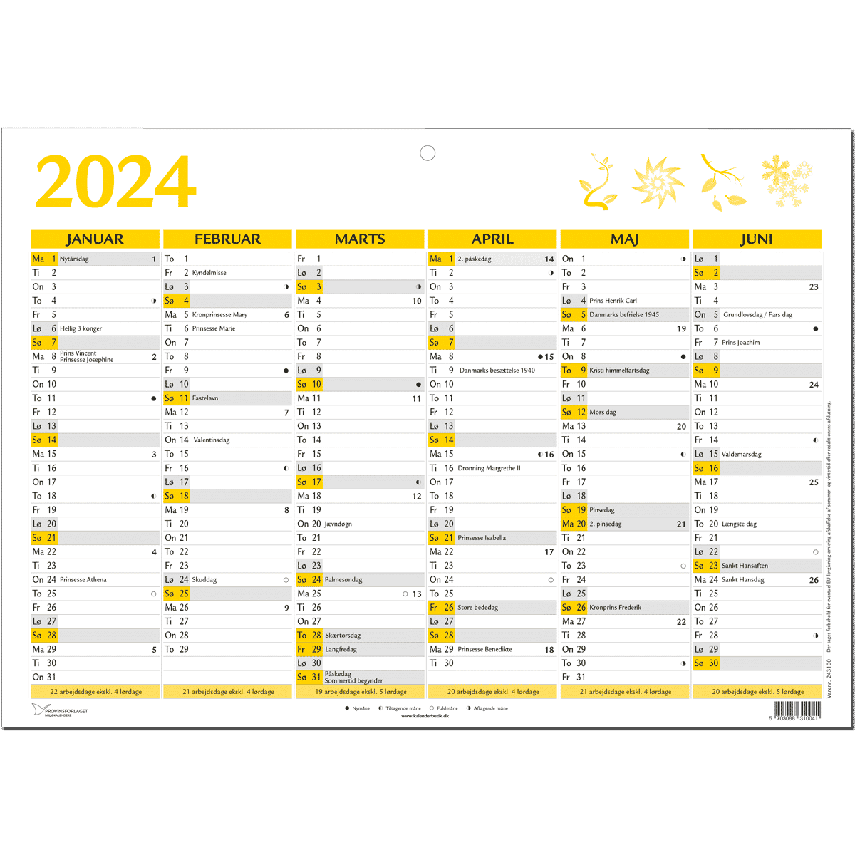 A4 vægkalender 2024, gul Kalenderbutik