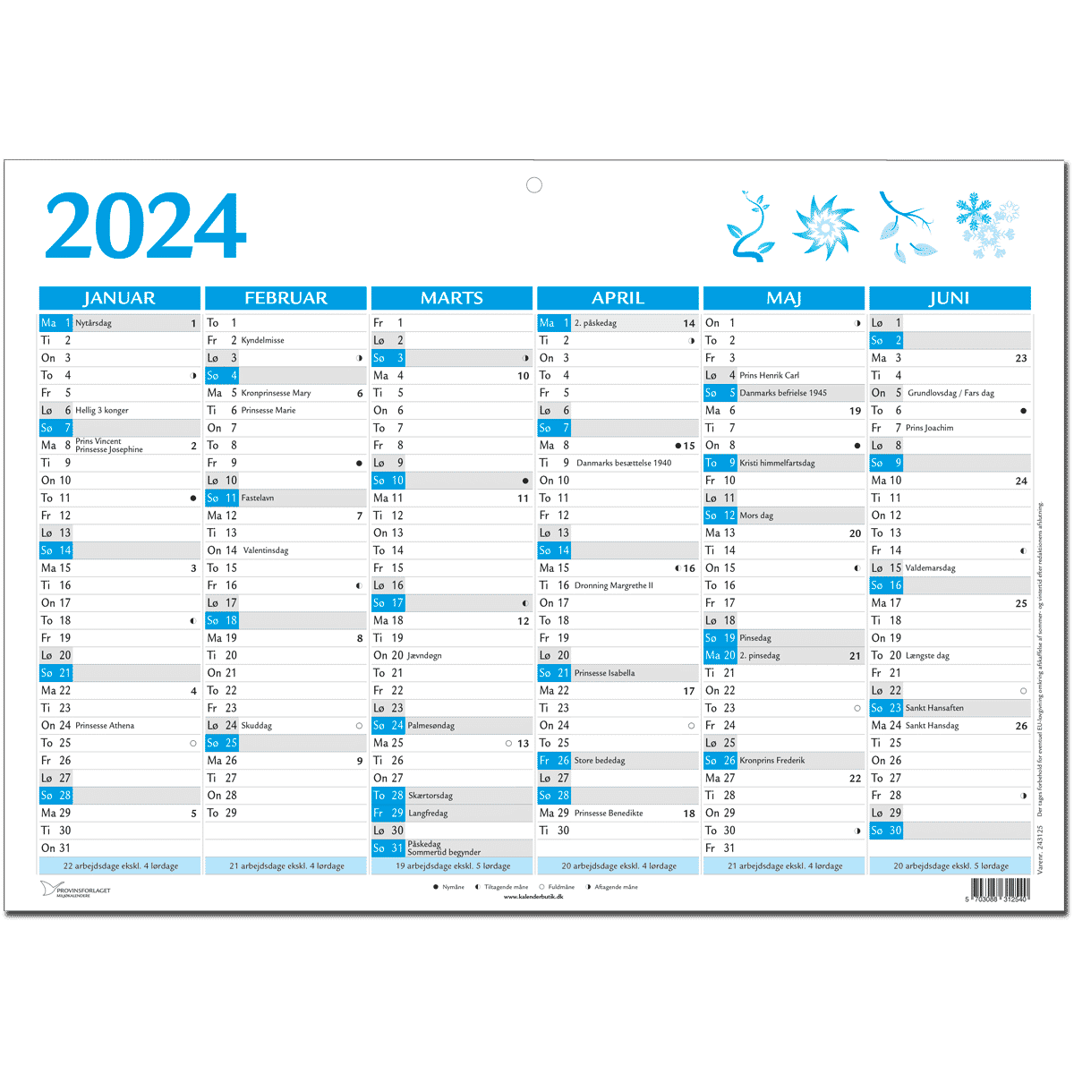 A4 vægkalender 2024, blå Kalenderbutik