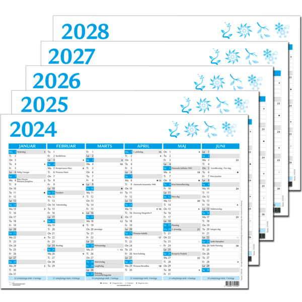 5-årssæt A4 vægkalender 2024-2028, blå - 243150