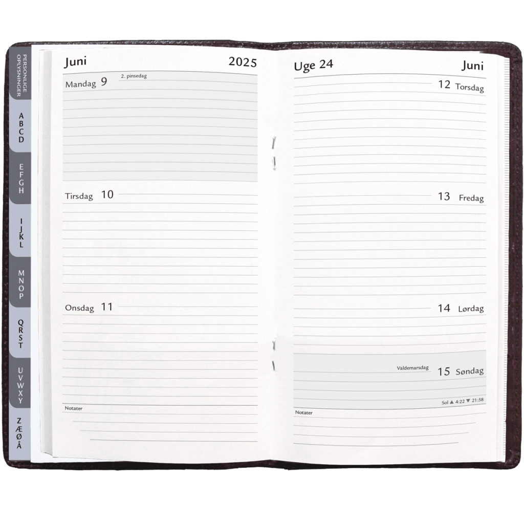 Ugekalender klammehæftet 2025 2-fløjet brunt skindomslag | Kalenderbutik