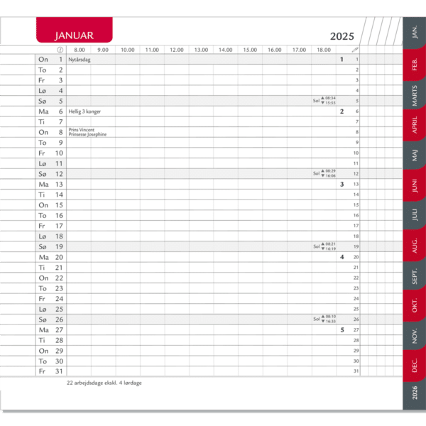 Månedskalender 2025 rød/grå faner, refill - 252100 a