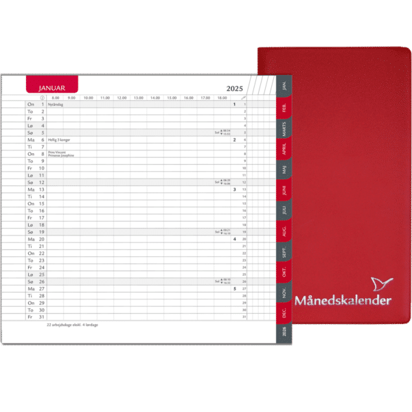 Månedskalender 2025 med kalender, telefontavle og notesblok, rød - 252106 0