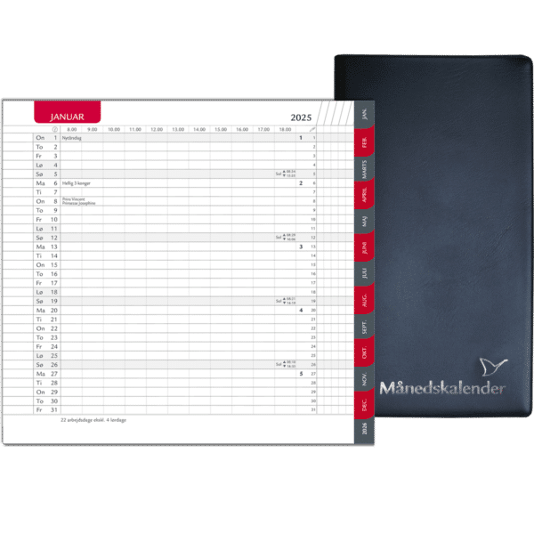 Månedskalender 2025 med kalender, telefontavle og notesblok, sort - 252106 4