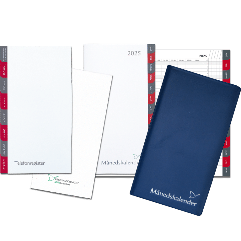 Månedskalender 2025 med kalender, telefonregister og notesblok, blå  Kalenderbutik