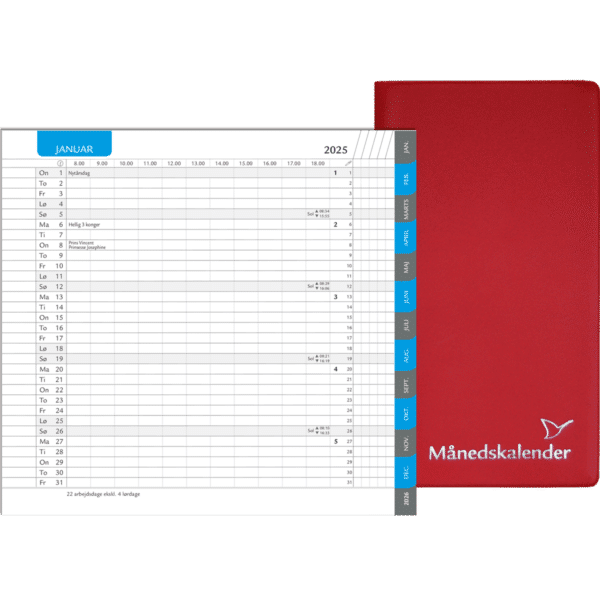 Månedskalender 2025 med kalender, telefontavle og notesblok, rød - 252206 0