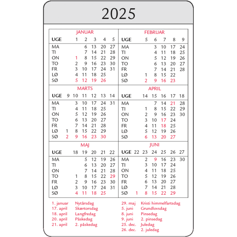 Mini årskalender, dankort str. 2025 | Kalenderbutik