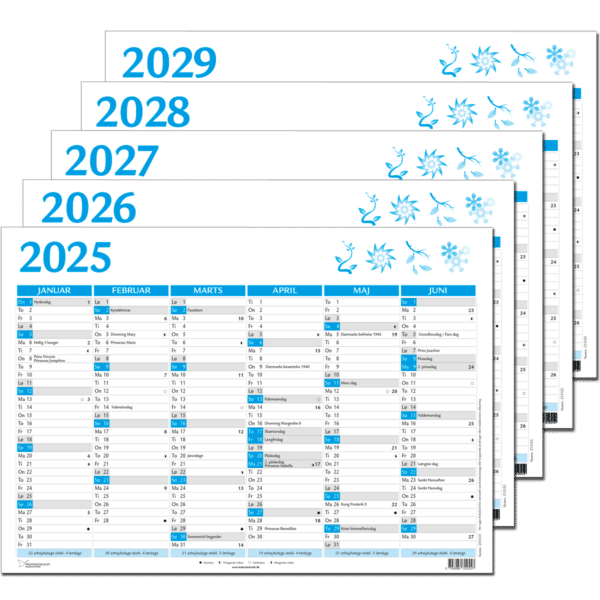 5-årssæt A4 vægkalender 2025-2029, blå - 253150