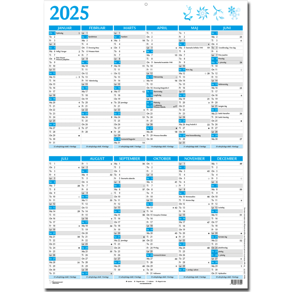Dobbelt A4 vægkalender 2025, blå | Kalenderbutik