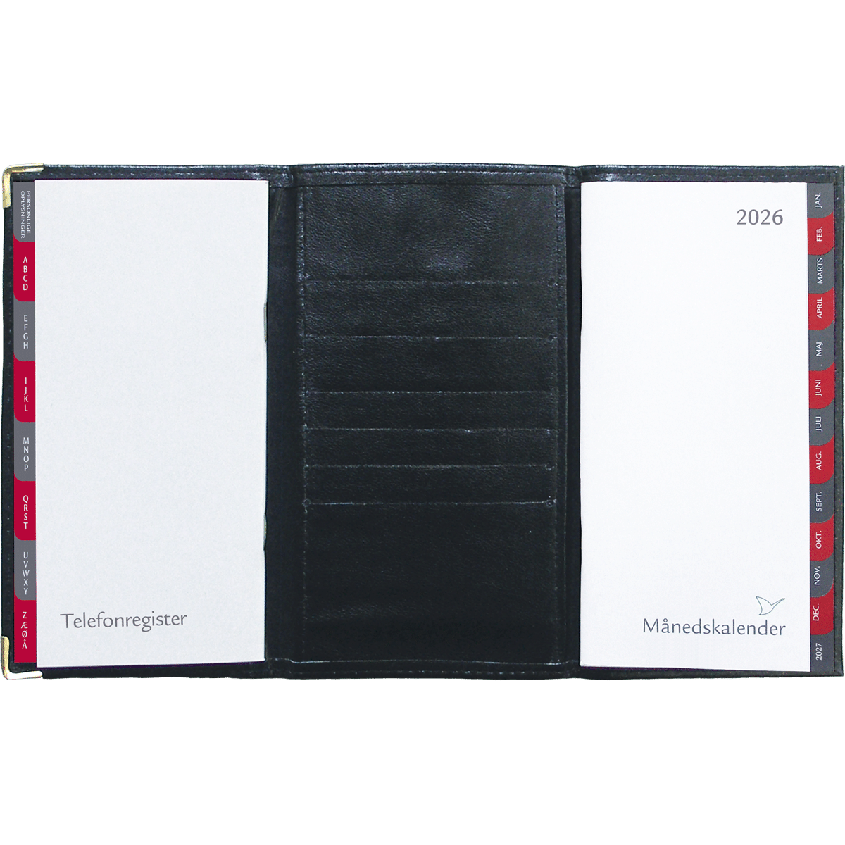 Månedskalender 2026 i 3-fløjet sort kunstlæder 1 Månedskalender 2026 i 3-fløjet sort kunstlæder