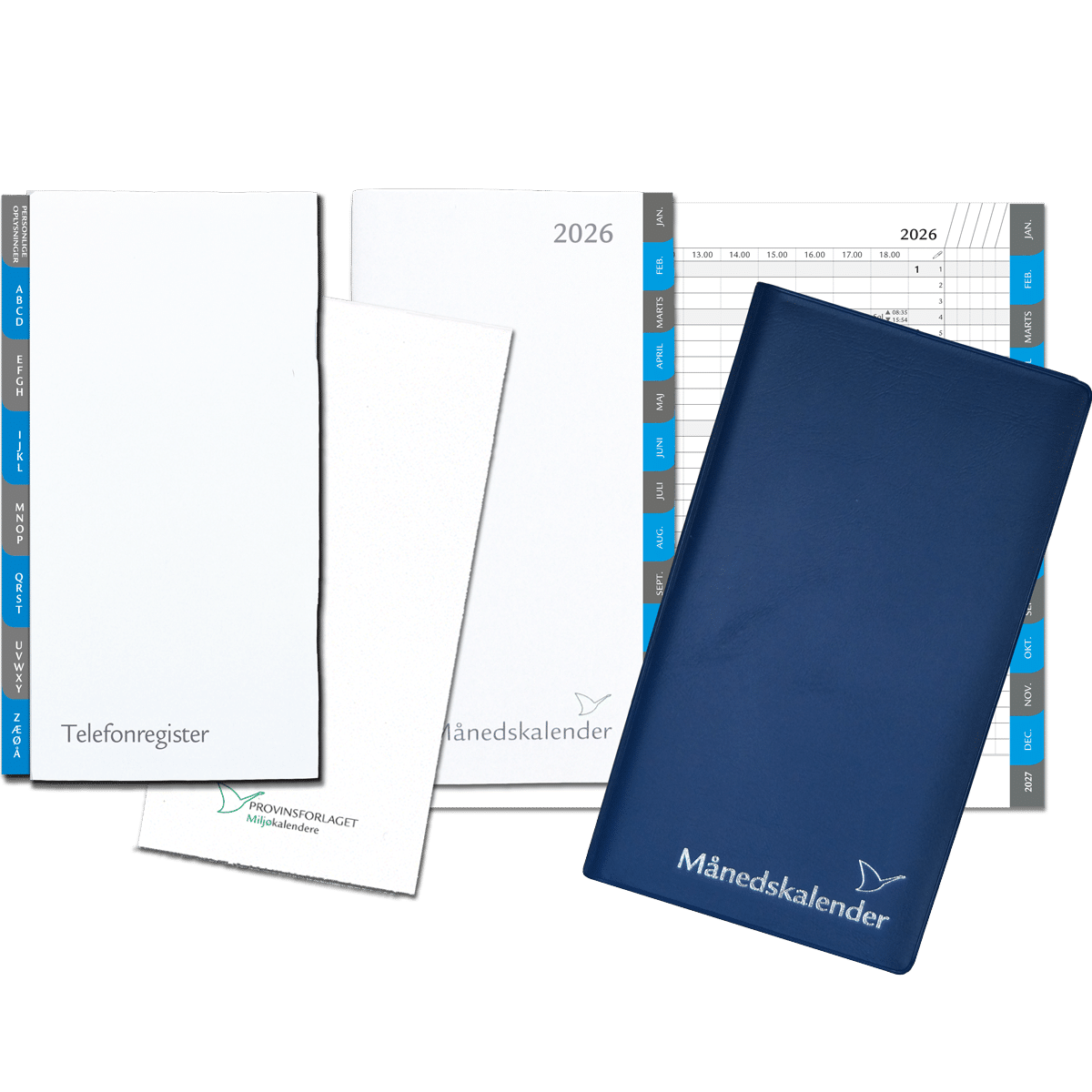 Månedskalender 2026 med kalender, telefonregister og notesblok, blå 1 Månedskalender 2026 med kalender, telefonregister og notesblok, blå