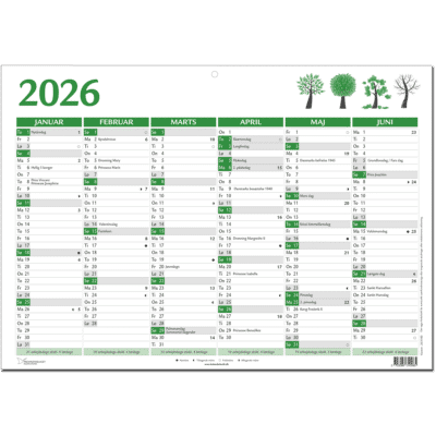 A4 vægkalender 2026, grøn
