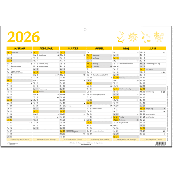 A4 vægkalender 2026, gul - 263100