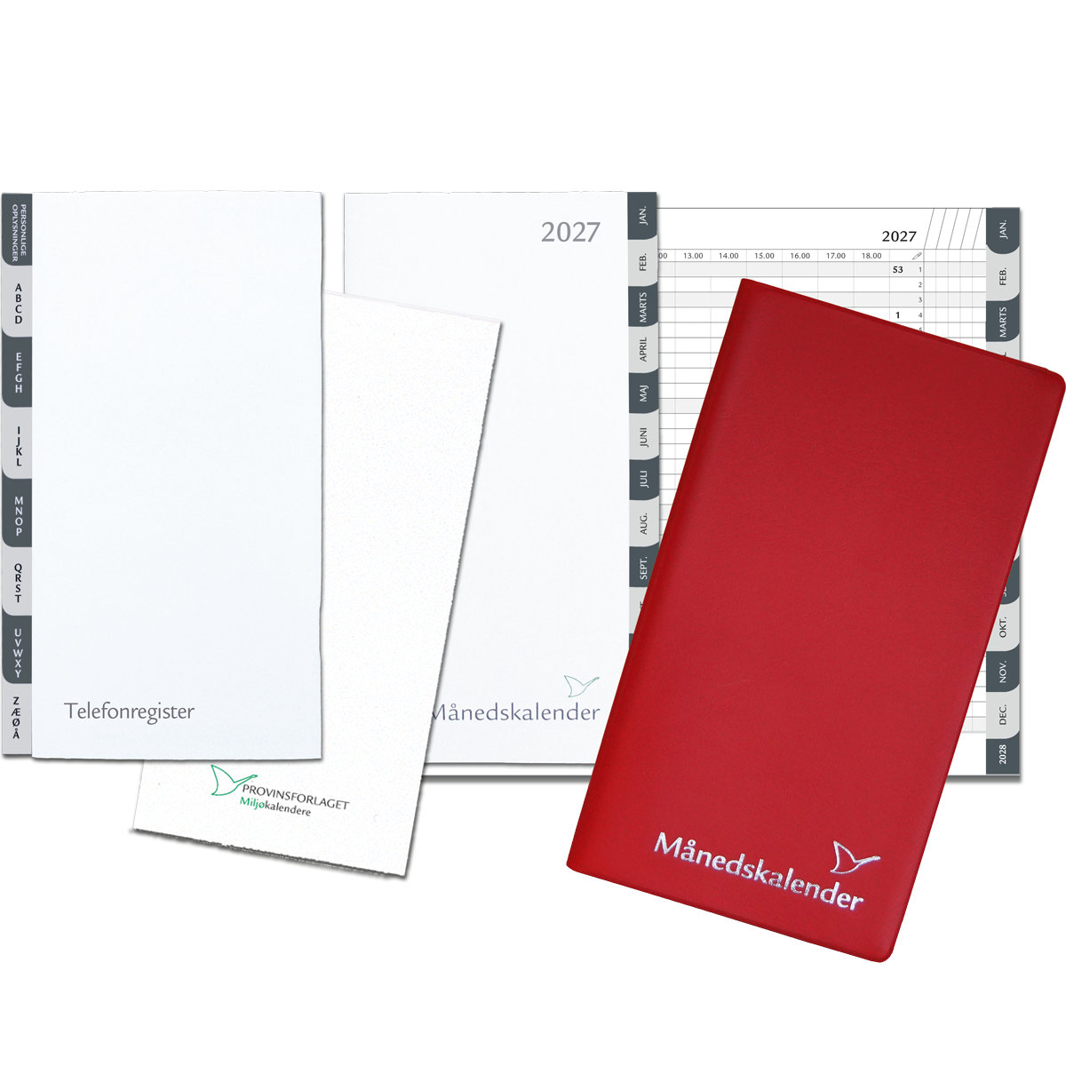 Månedskalender 2027 med kalender, telefonregister og notesblok, rød 1 Månedskalender 2027 med kalender, telefonregister og notesblok, rød
